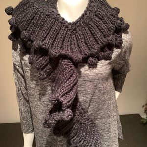 SWEET TURNS NWT Black Knit Scarf One Size Ruffle and Pom Pom Detail.